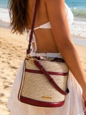 House Of Harlow 1960 Woven Straw Crossbody Bucket Bag with Burgundy Trim